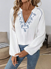 Paisley Pattern Notched Long-Sleeve Blouse