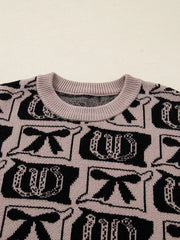 Bows & Horseshoes Pattern Round-Neck Sweater