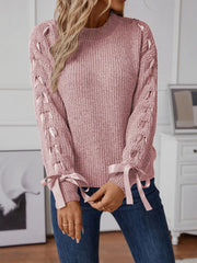 Ribbon-Tie Sleeve Round-Neck Sweater