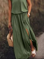 Round-Neck Sleeveless Slit Maxi Dress - Plus Size