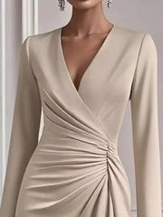 Front Ruched V-Neck Long-Sleeve Dress
