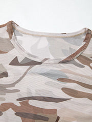 Camouflage Print Mesh Long-Sleeve Top