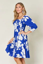 Floral Ruffle Hem Smocked Dress Pocketed - Plus Size