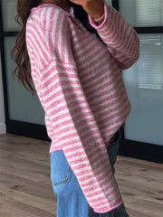 Button Detail Drop-Shoulder Striped Sweater