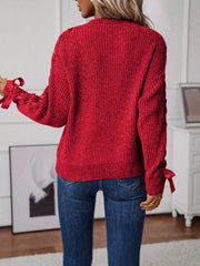 Ribbon-Tie Sleeve Round-Neck Sweater