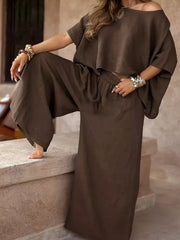 Boat-Neck Top and Wide-Leg Pants Set - Plus Size