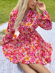 Tie-Front Printed Long-Sleeve Mini Dress