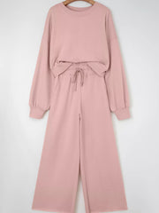 Drop-Shoulder Puff Sleeve Crop Top and Drawstring Wide-Leg Pants Set