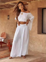 Boat-Neck Top and Wide-Leg Pants Set - Plus Size