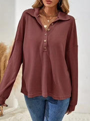 Button-Front Waffle Knit Polo Sweatshirt