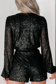 Sequin Surplice Long-Sleeve Romper