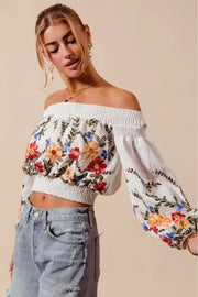 SO ME Floral Embroidered Off the Shoulder Crop Top