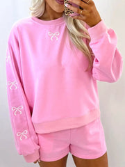Bow Embroidered Round-Neck Top and Shorts Set