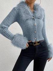 Faux Fur Trim Rib-Knit Cropped Cardigan