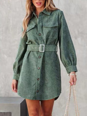 Button-Front Belt Long-Sleeve Corduroy Dress