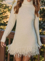 Fringe Turtleneck Long-Sleeve Sweater Dress