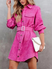 Button-Front Belt Long-Sleeve Corduroy Dress