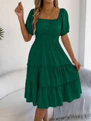 Square-Neck Short Puff Sleeve Dress