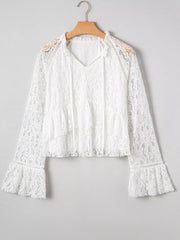 Tie Neck Lace Ruffle Detail Long-Sleeve Blouse