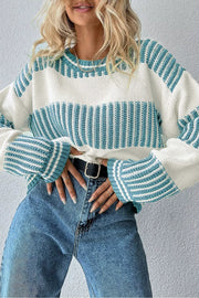 Two Tone Striped Patchwork Drop-Shoulder Relaxed Sweater