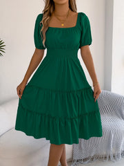 Square-Neck Short Puff Sleeve Dress