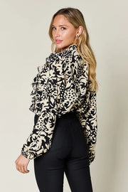 Printed Ruffle Trim Balloon Sleeve Shirt - Plus Size