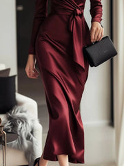 Satin Wrap Long-Sleeve Midi Dress