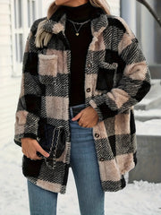 Button-Down Collared Neck Plaid Teddy Coat Pocketed