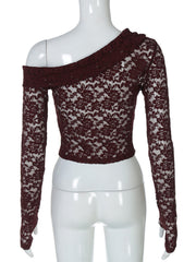 Lace One-Shoulder Long-Sleeve Top