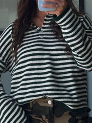 Button Detail Drop-Shoulder Striped Sweater