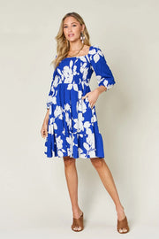 Floral Ruffle Hem Smocked Dress Pocketed - Plus Size