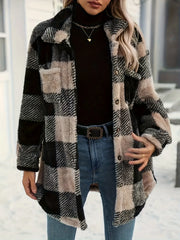 Button-Down Collared Neck Plaid Teddy Coat Pocketed