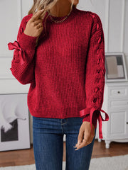 Ribbon-Tie Sleeve Round-Neck Sweater