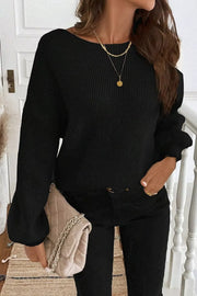 Rib-Knit Ribbon Knot Backless Drop-Shoulder Sweater
