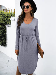 Drawstring Waist Long-Sleeve Dress