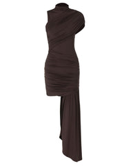 Asymmetrical Ruched Mock-Neck Dress
