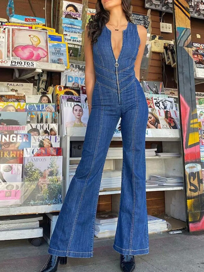 Zip Front Sleeveless Wide-Leg Denim Jumpsuit