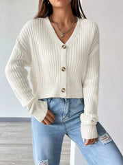 Rib-Knit Button-Up Cropped Cardigan