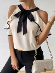 Ruffled Contrast Trim Cold-Shoulder Blouse