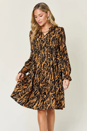 Double Take Full Size Printed Ruffle Hem Long Sleeve Dress Plus Size