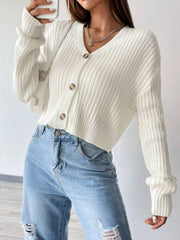Rib-Knit Button-Up Cropped Cardigan