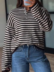 Button Detail Drop-Shoulder Striped Sweater