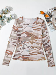 Camouflage Print Mesh Long-Sleeve Top