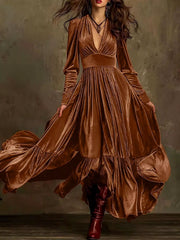 Velvet V-Neck Long-Sleeve Maxi Dress