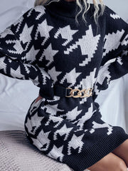 Houndstooth Pattern Turtleneck Sweater Dress