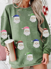 Corded Ribbed Sequin Patched Santa Claus Graphic Sweatshirt