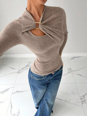 Twist-Front Cutout Rib-Knit Top