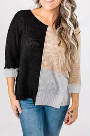 Color-Block Knit V-Neck Relaxed Sweater