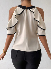 Ruffled Contrast Trim Cold-Shoulder Blouse