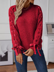 Ribbon-Tie Sleeve Round-Neck Sweater
